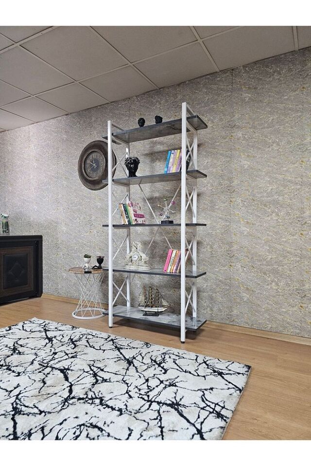 Beyaz Boyalı Suntalem Raflı Kitaplık - 5 Raflı Lüks Kitaplık - Raf - Kitaplık - Çiçeklik