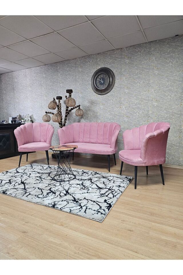 Papatya Çay Seti Koltuk Takımı Siyah Boyalı Sivriltme Ayak, Balkon, Salon, Ofis, Cafe Koltuk Takımı