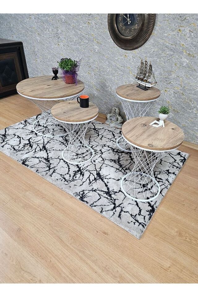 Beyaz Fırınlı Statik Boya Atlas Çam Suntalem Tabla Pota Set Sehpa - 3 1 Sehpa -zigon Sehpa