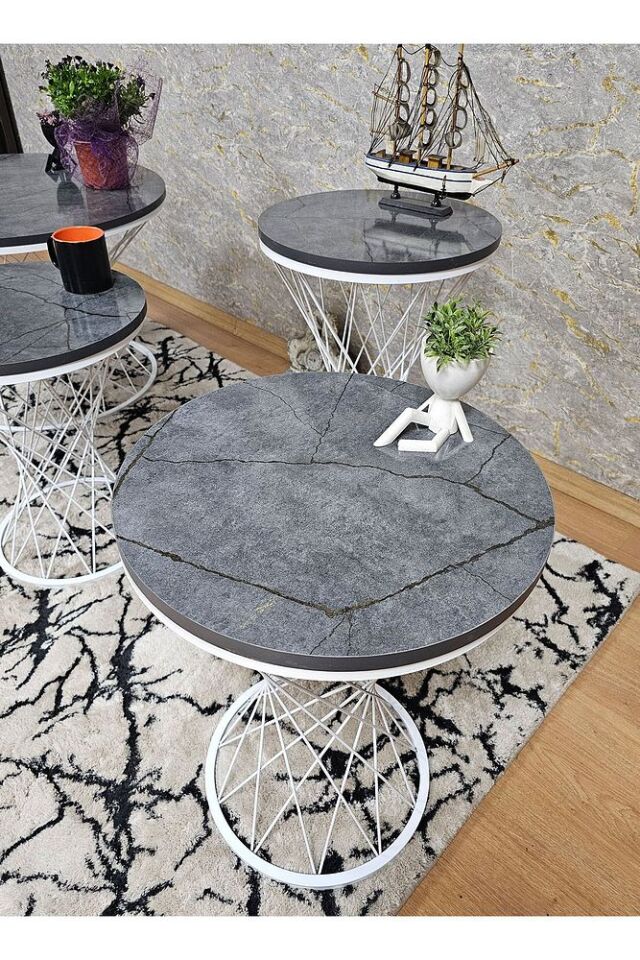 Beyaz Fırınlı Statik Boya Atlas Çam Suntalem Tabla Pota Set Sehpa - 3 1 Sehpa -zigon Sehpa