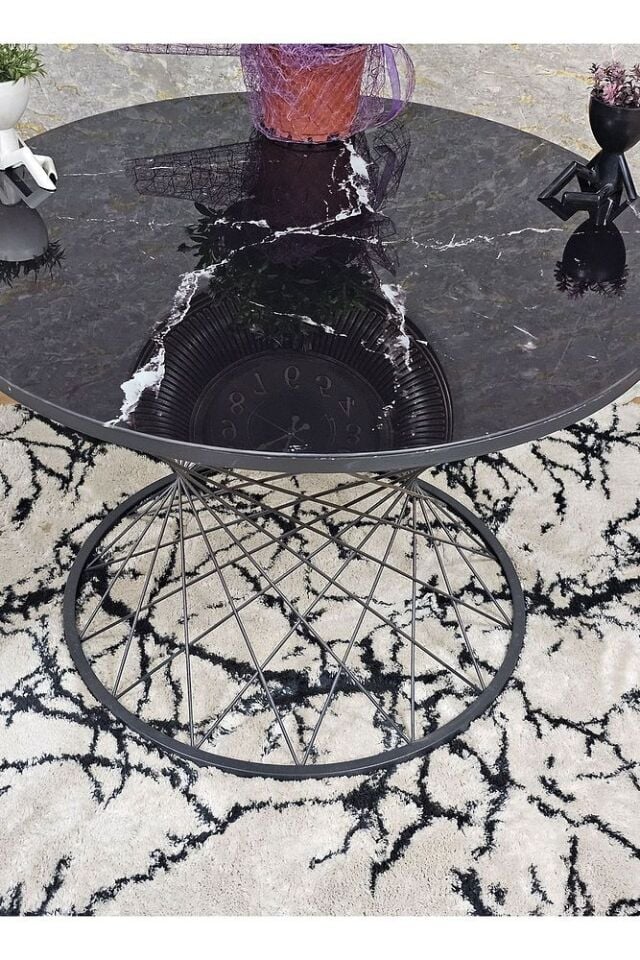 Siyah Fırınlı Statik Boya Siyah Mermer Temperli Baskılı Cam Pota Orta Sehpa - Orta Sehpa