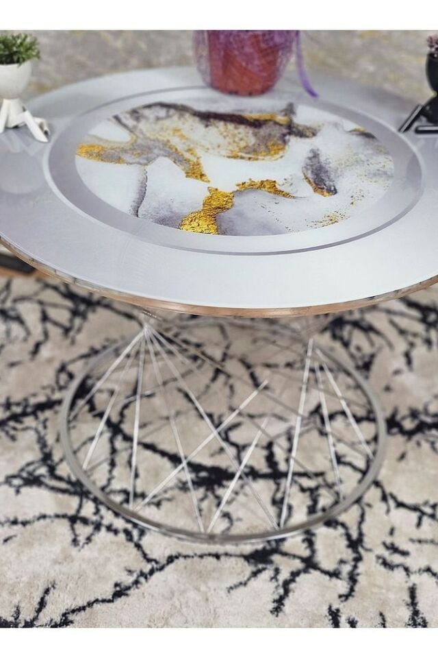 Krom Kaplama Siyah Mermer Temperli Baskılı Cam Pota Orta Sehpa - Orta Sehpa -zigon Sehpa