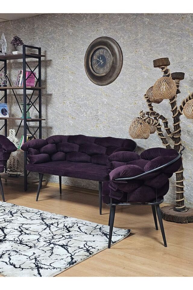 Siyah Boyalı - Mor Döşeme | Balon Çay Seti | Balkon Koltuk | Berjer | Balkon Çay Seti