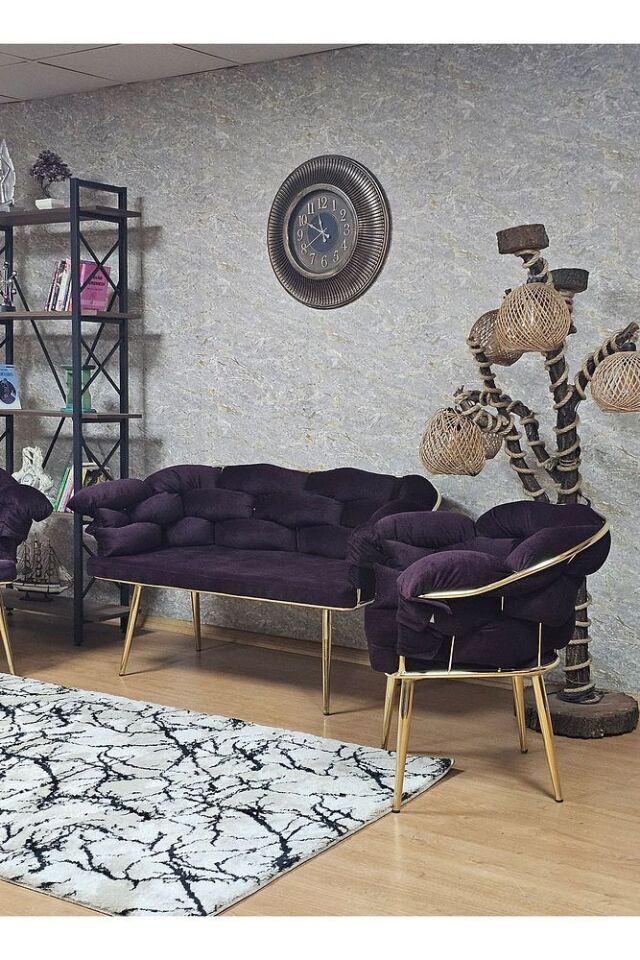 Gold Kaplama - Mor Döşeme | Balon Çay Seti | Balkon Koltuk | Berjer | Balkon Çay Seti