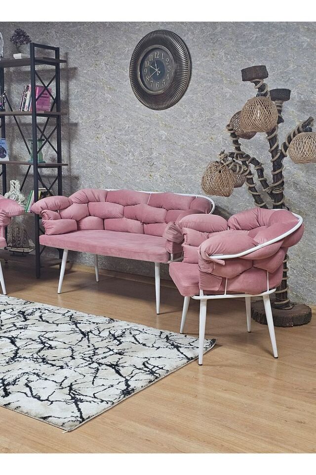 Beyaz Boyalı - Pembe Döşeme | Balon Çay Seti | Balkon Koltuk | Berjer | Balkon Çay Seti