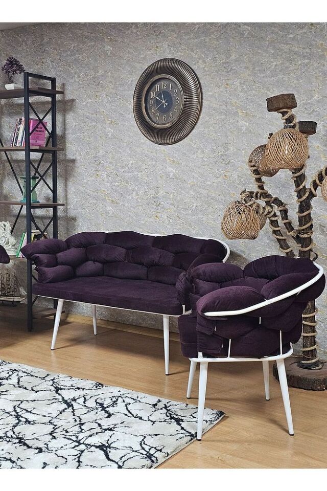 Beyaz Boyalı - Mor Döşeme | Balon Çay Seti | Balkon Koltuk | Berjer | Balkon Çay Seti