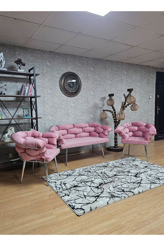 Krom Kaplama - Pudra Pembe Döşeme | Balon Çay Seti | Balkon Koltuk | Berjer | Balkon Çay Seti