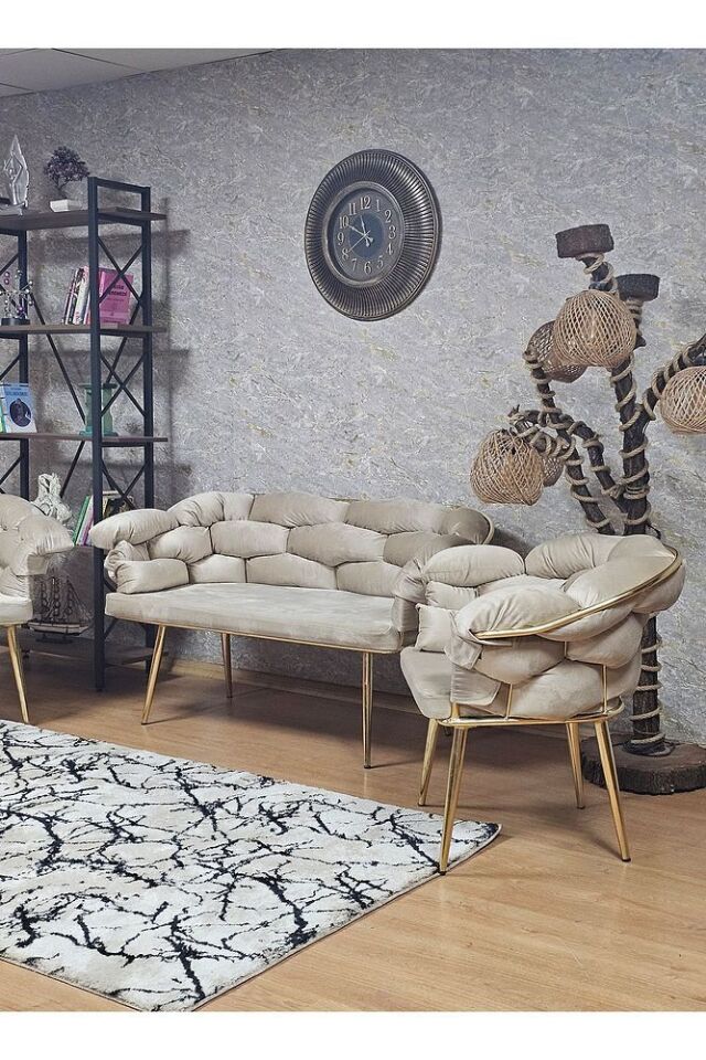 Gold Kaplama - Bej Döşeme | Balon Çay Seti | Balkon Koltuk | Berjer | Balkon Çay Seti