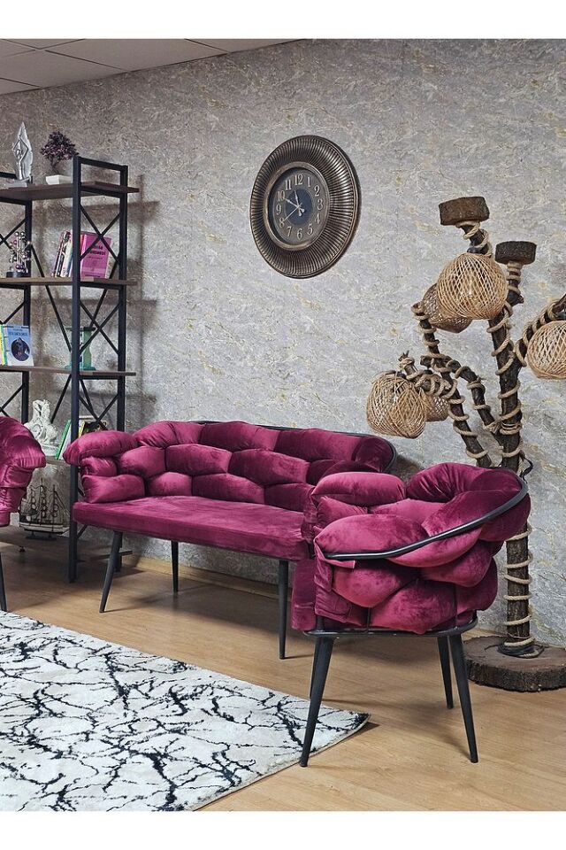 Siyah Boyalı - Bordo Döşeme | Balon Çay Seti | Balkon Koltuk | Berjer | Balkon Çay Seti