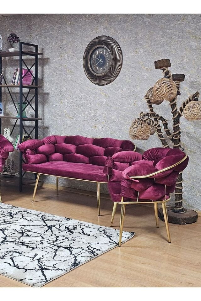 Gold Kaplama - Bordo Döşeme | Balon Çay Seti | Balkon Koltuk | Berjer | Balkon Çay Seti